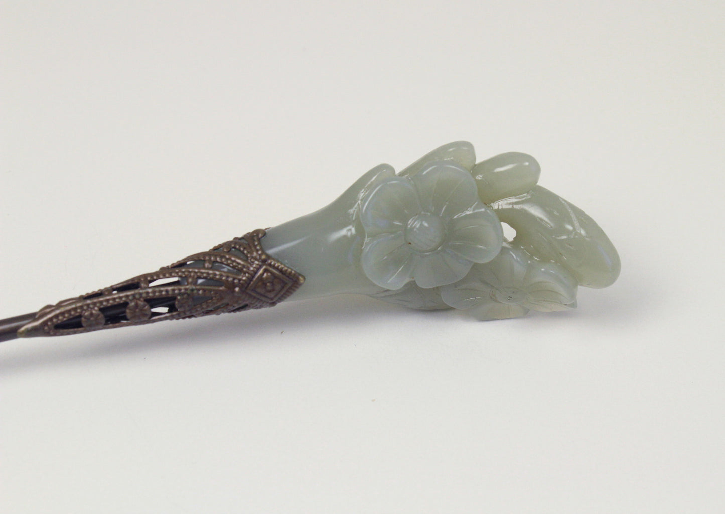Green Jade Floral Style Copper Hair Pin 和田玉发簪