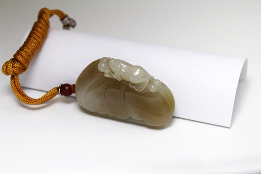 Translucent Lt Brown with White Jade Carved Lotus and Frog Pendant/Amulet 和田玉糖白双色荷叶青蛙挂件/手把