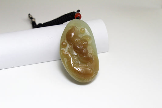 Translucent White & Brown Jade Carved Lotus with Fish Amulet/Pendant 和田玉荷叶鱼挂件/手把