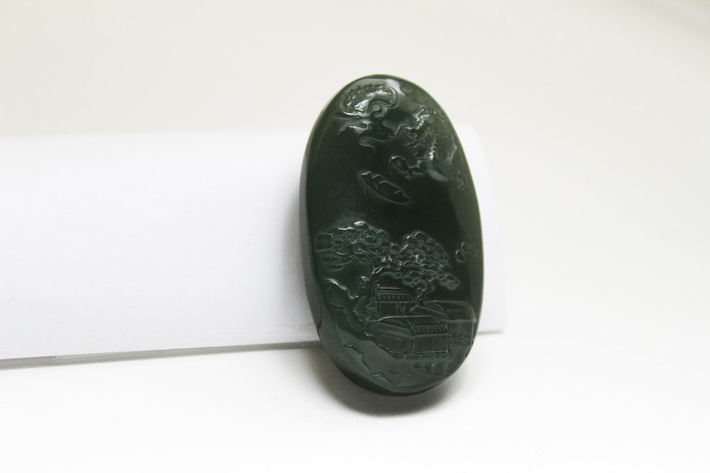 Translucent Green Jade Carved Oval Shape Mountain and Dragon Amulet/Pendant 和田玉山水牌挂件