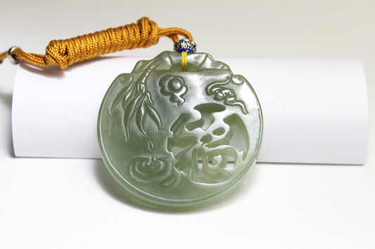 Translucent Green Jade Carved Hollow Style Bamboo & Fortune Amulet/ Pendant 和田玉镂空吊坠