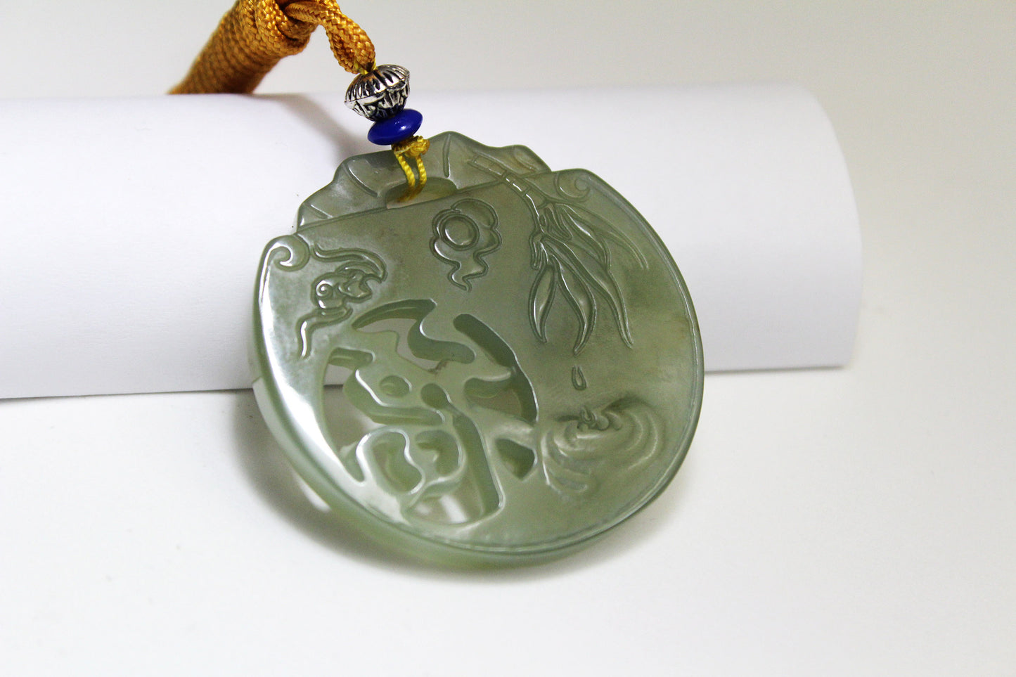 Translucent Green Jade Carved Hollow Style Bamboo & Fortune Amulet/ Pendant 和田玉镂空吊坠