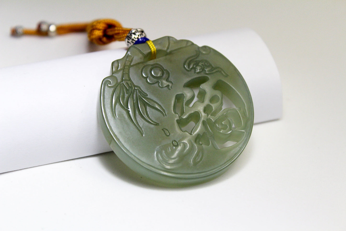 Translucent Green Jade Carved Hollow Style Bamboo & Fortune Amulet/ Pendant 和田玉镂空吊坠