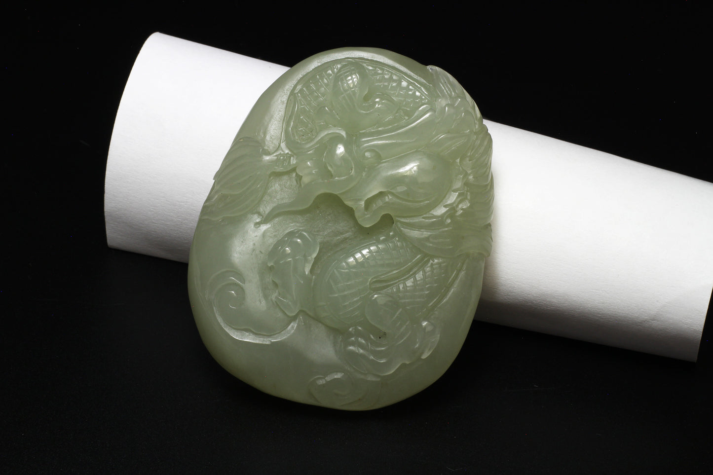 Light Green Hand Carved Jade Dragon 和田玉龙牌挂件/手把