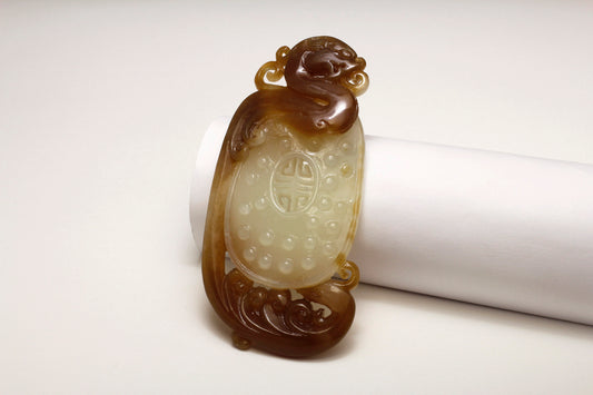 Translucent Brown & White Jade Carved Dragon Pendent 和田玉糖白双色挂件/手把