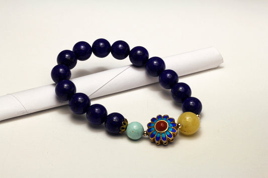 Lapis, Turquoise, Amber Beaded, Agate, with Cloisonne Floral Bracelet 青金石蜜蜡绿松手串