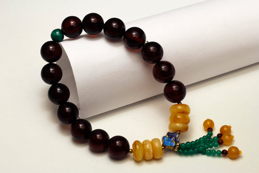 Red and Yellow Amber Beaded  with Cloisonne Bracelet 琥珀蜜蜡手串