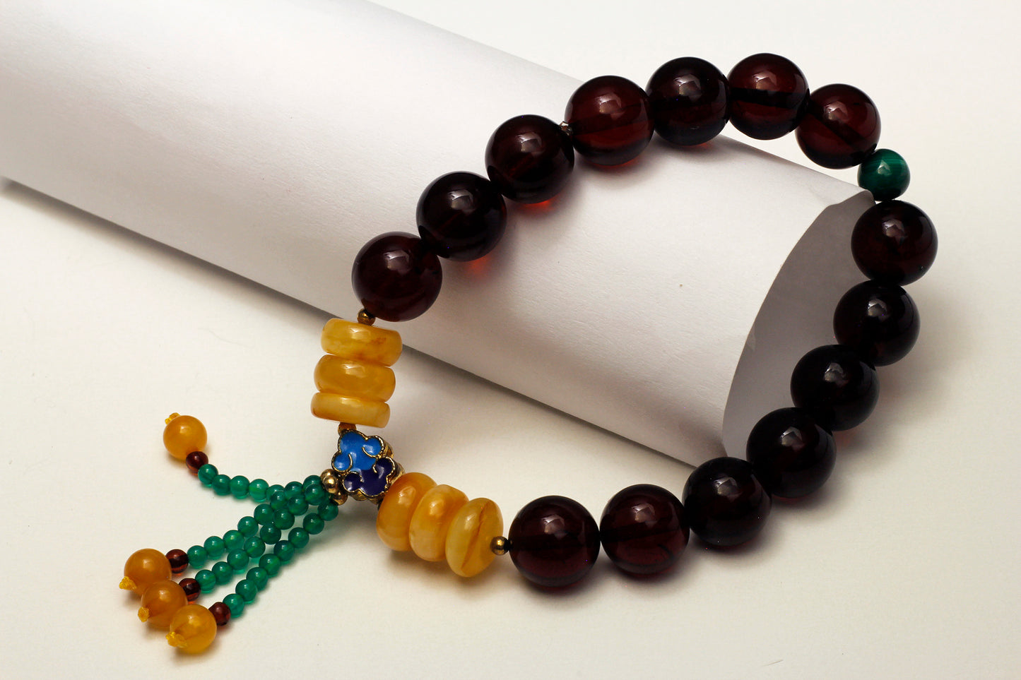 Red and Yellow Amber Beaded  with Cloisonne Bracelet 琥珀蜜蜡手串