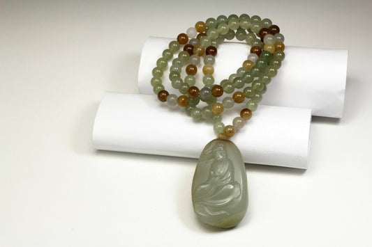 Translucent Jade Carved Buddha(Guan  Yin) pandent with multi color jade beads necklace 和田玉