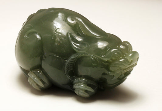 Translucent Green Jade Carved Pixiu Statue 和田玉绿貔貅手把