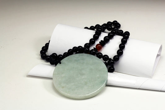 Translucent Light Green Jadeite Round Pendant With Black Beaded Necklace 翡翠无事牌挂件